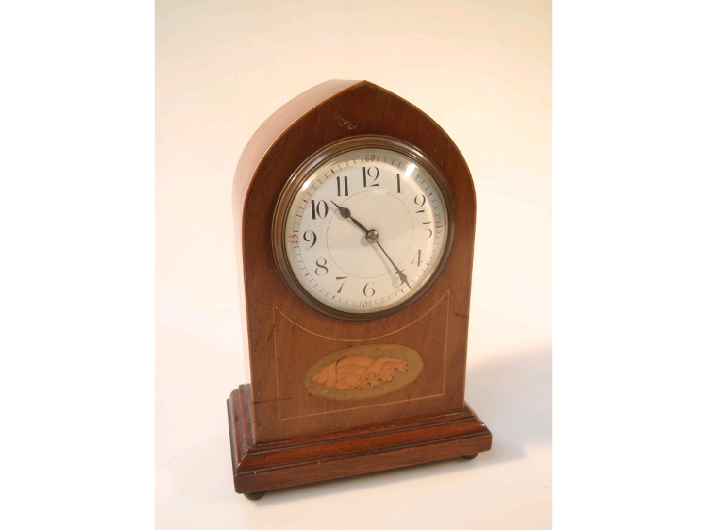 Appraisal: An Edwardian mantel clock in inlaid mahogany lancet case cm