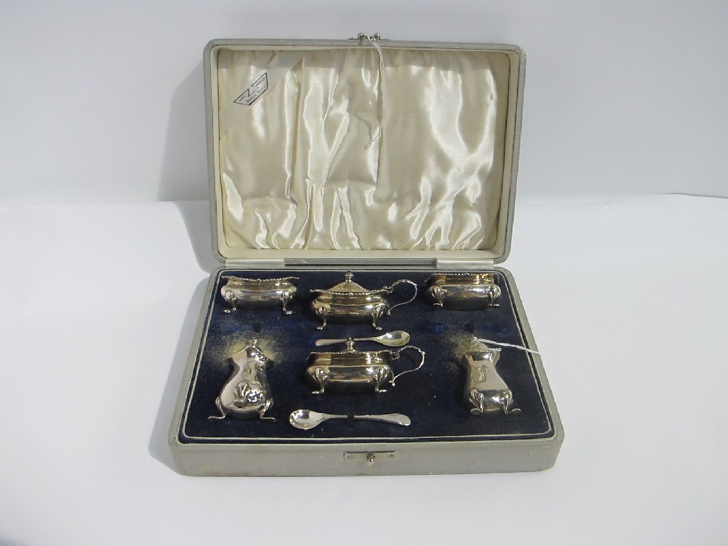 Appraisal: A cased six piece silver condiment set Birmingham