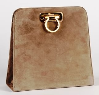 Appraisal: Salvatore Ferragamo taupe suede handbag with gold shoulder strap and