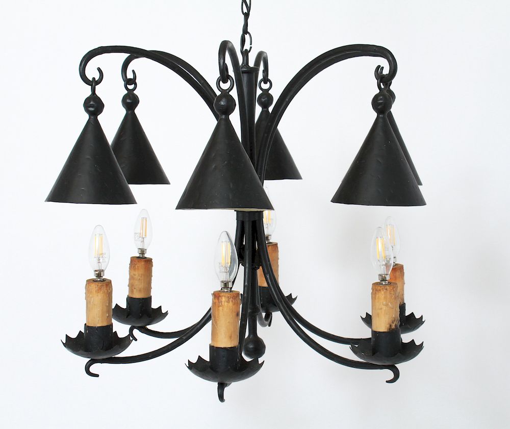 Appraisal: Modern Metal Six-Light Chandelier w Conical Shades Modern metal six-light