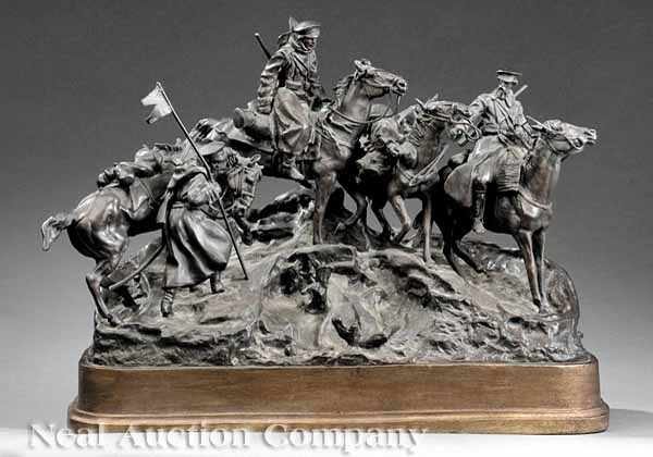 Appraisal: A Russian Patinated Bronze Figural Sculpture of Cossacks on Horseback