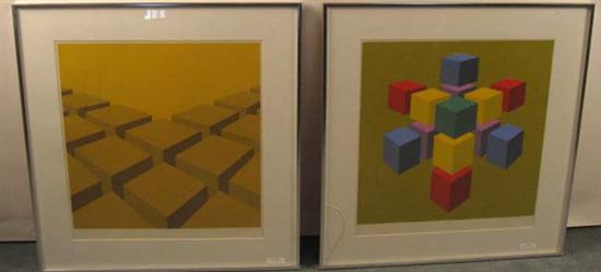 Appraisal: Two Cube Figures Illegible signature Framed One with cracked glass