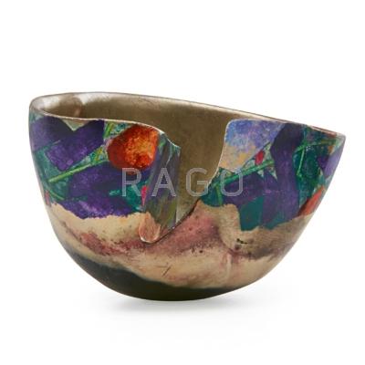 Appraisal: BENNETT BEAN b Small earthenware bowl pit-fired painted and silver