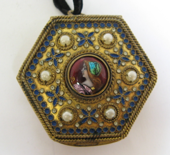 Appraisal: FRENCH ENAMELED PORTRAIT COMPACT six-sided the hinged cover plaque on