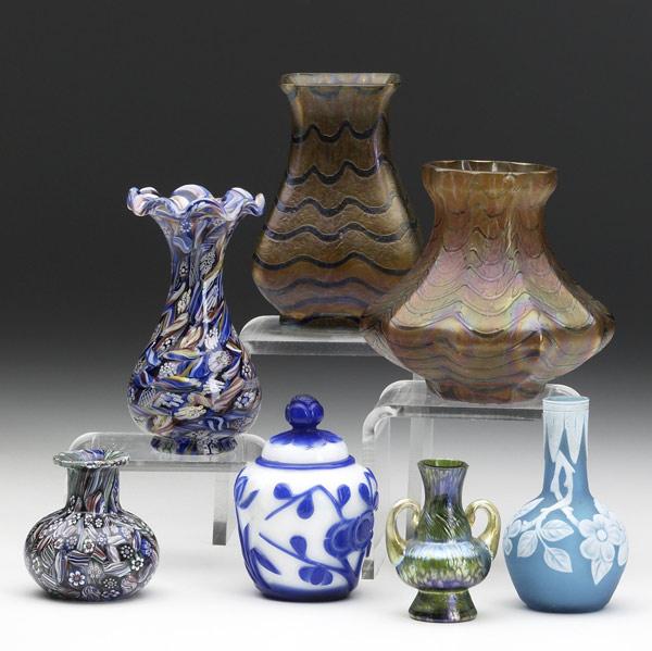 Appraisal: Seven art glass miniatures th C Two Austrian faceted vases