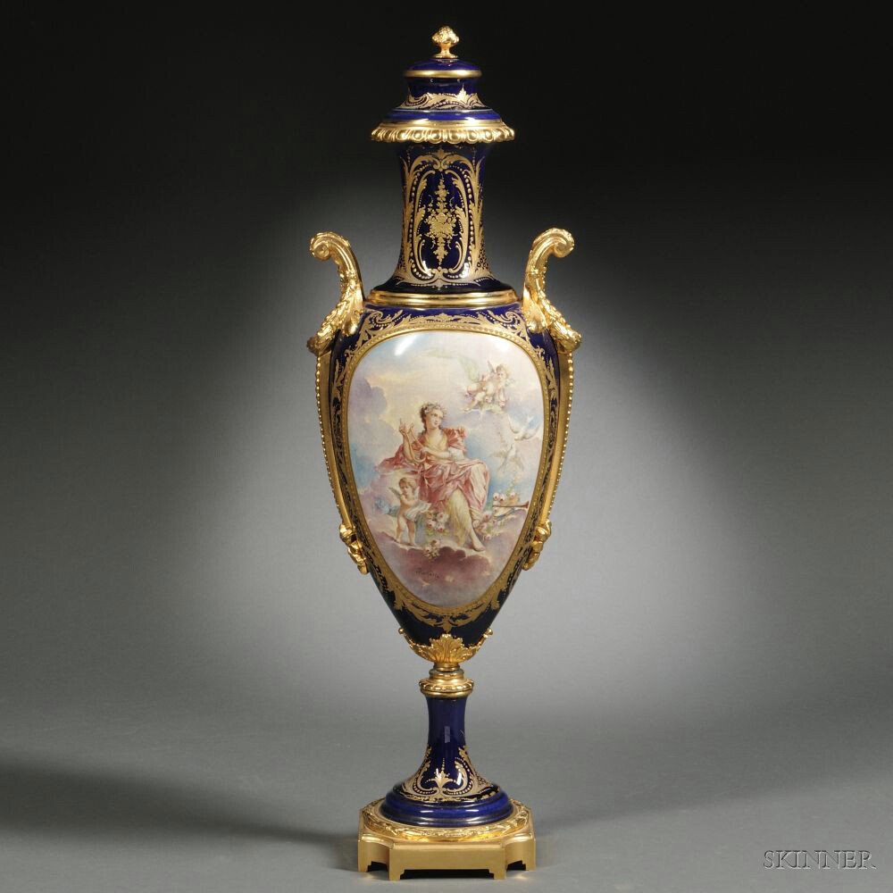 Appraisal: Sevres-style Gilded Metal-mounted Vase and Cover France th century polychrome