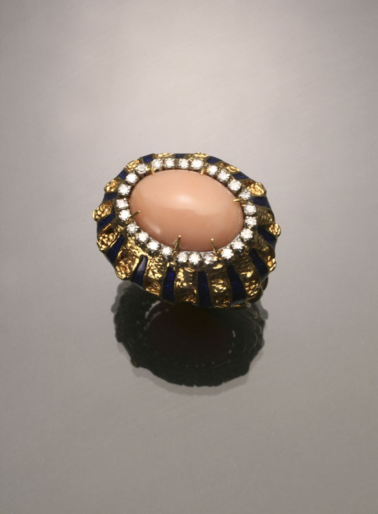 Appraisal: -Karat Yellow-Gold Diamond Coral and Blue Enamel Dinner Ring Having