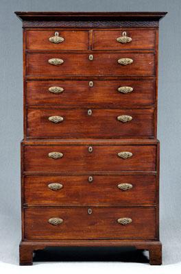 Appraisal: Chippendale mahogany chest on chest blind fret carved removable cornice