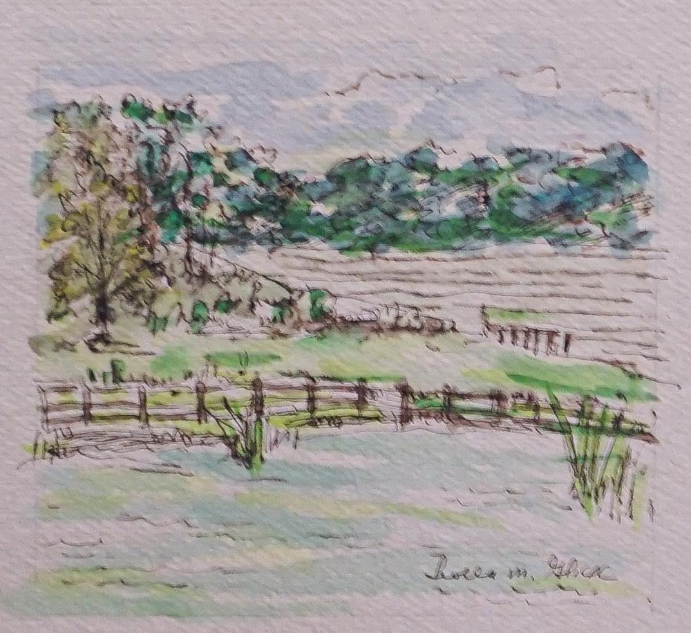 Appraisal: LEOLA M GLICK FARM FIELDS MIXED MEDIA WITH WATERCOLOR SIGNED