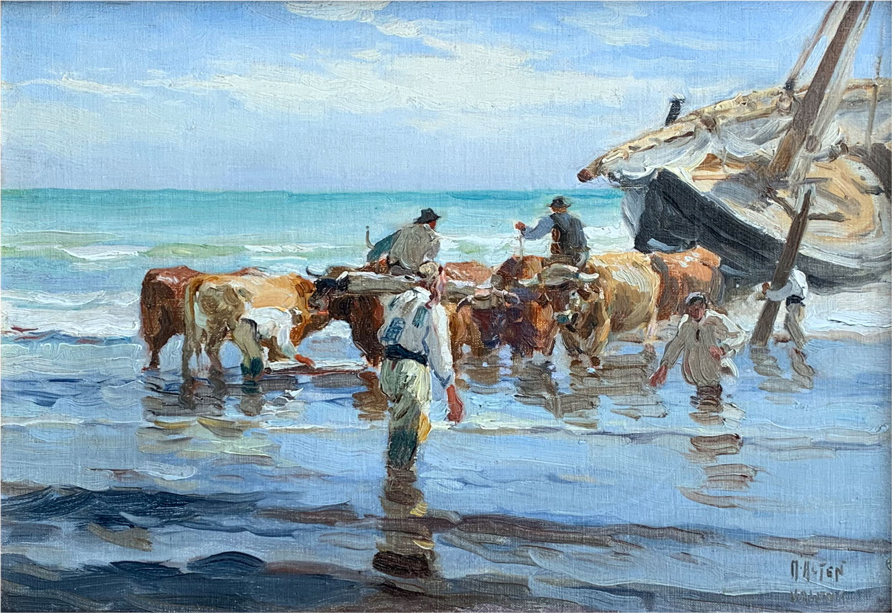 Appraisal: ALTEN Mathias American - ''Valencia'' Beach Scene with Cows Pulling