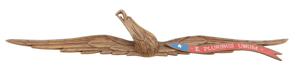 Appraisal: BELLAMY-STYLE CARVED WOODEN SPREAD-WING EAGLE PLAQUE EARLY TH CENTURY HEIGHT