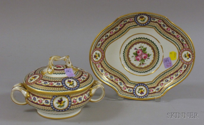 Appraisal: Sevres-style Covered Bowl and Undertray and a Dresden-type Officer on