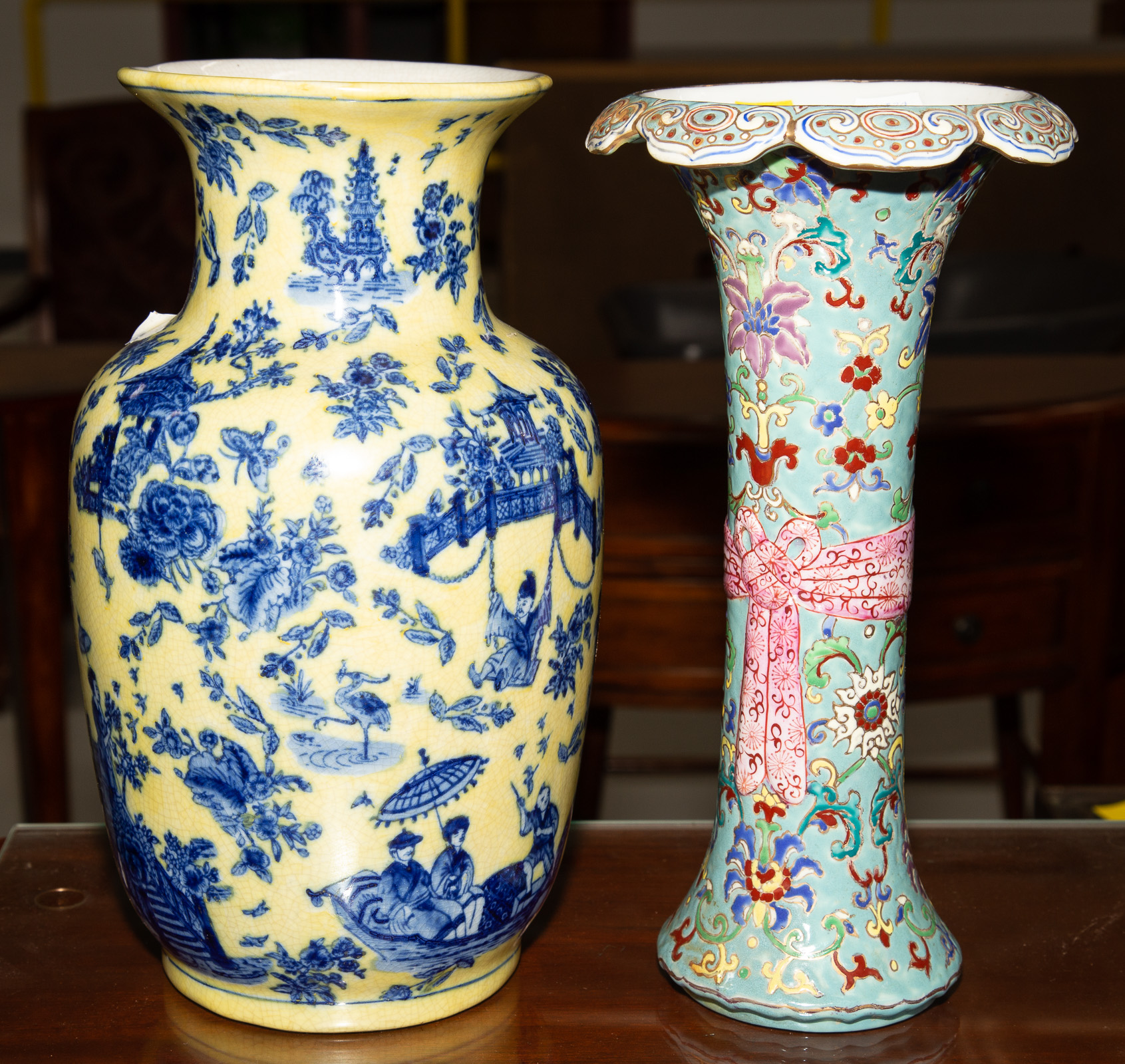 Appraisal: TWO CHINESE PORCELAIN VASES Includes a scalloped rim turquoise and