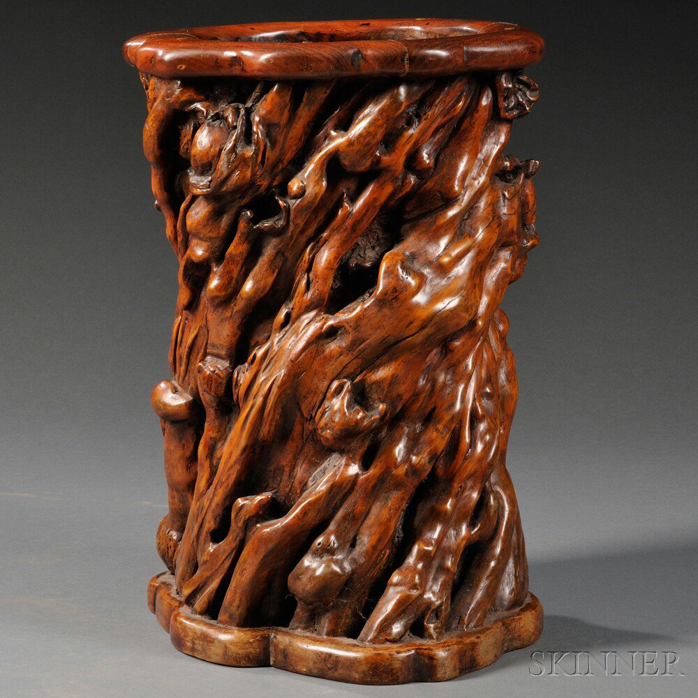 Appraisal: Scroll Holder China hardwood gnarled wood shaped to resemble roots