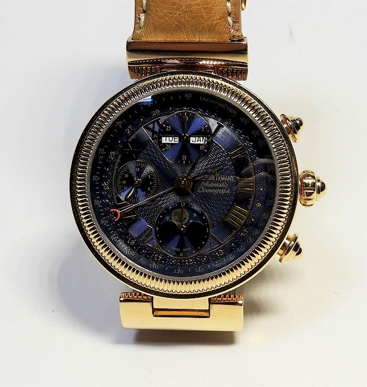 Appraisal: Jacques Lemans Gold Blue Face Chronograph Watch Switzerland New Gold