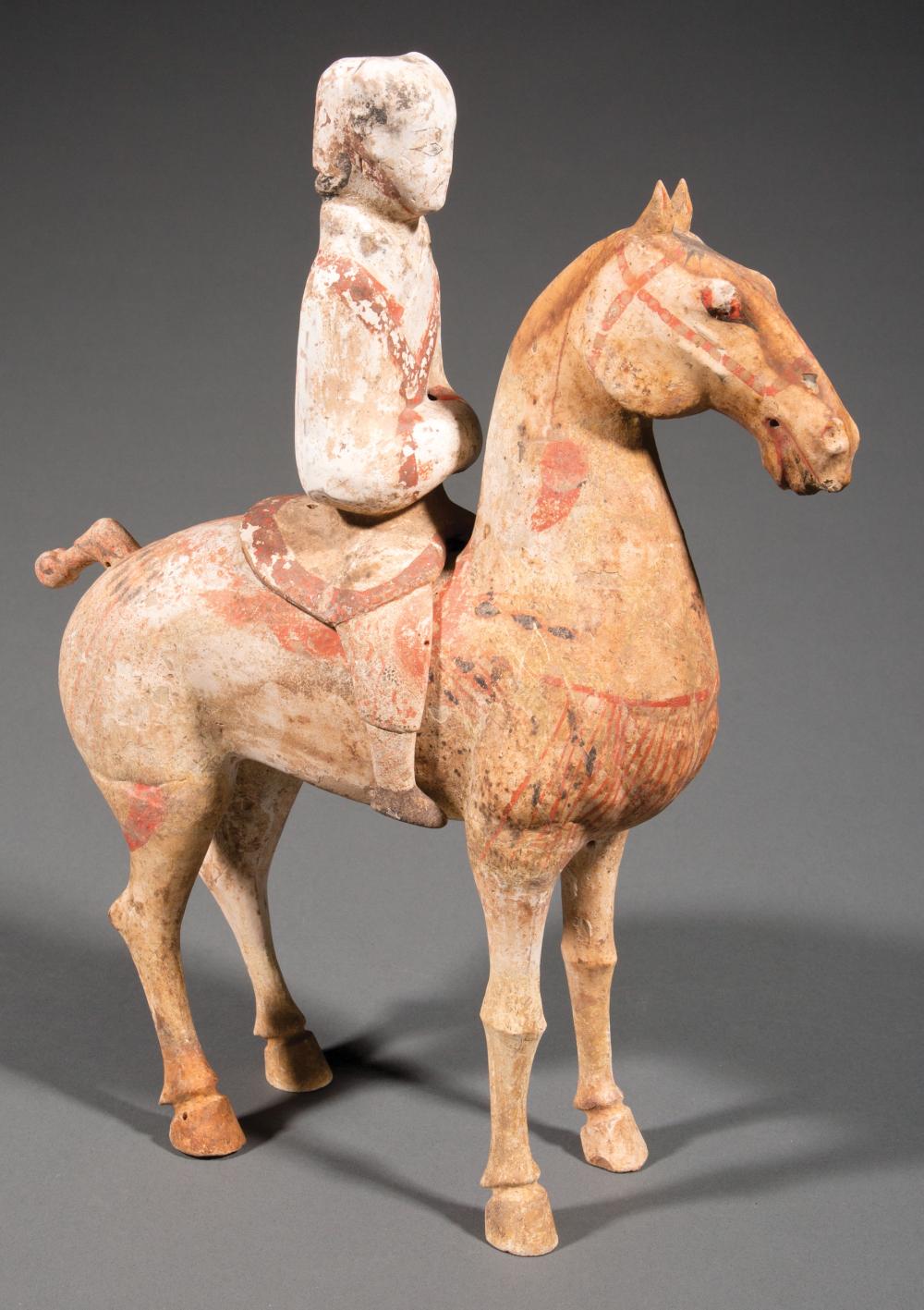 Appraisal: Chinese Tang or Tang Dynasty-Style Painted Pottery Equestrian Group modeled