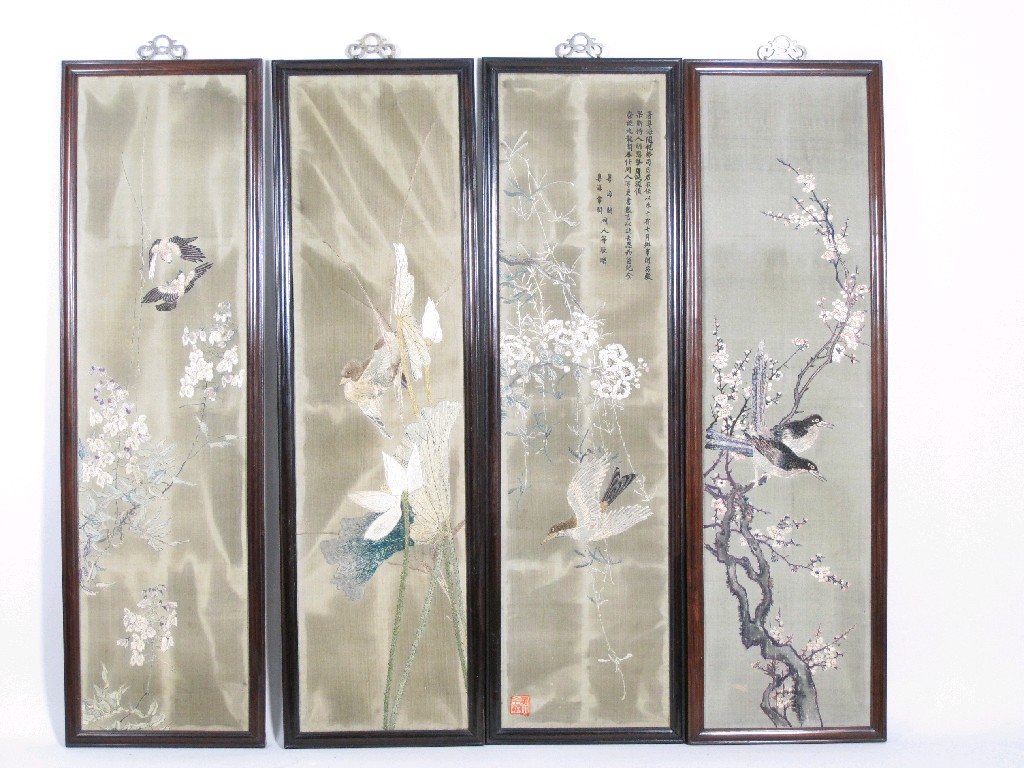 Appraisal: Four Oriental Needlework Panels of birds and floral designs in