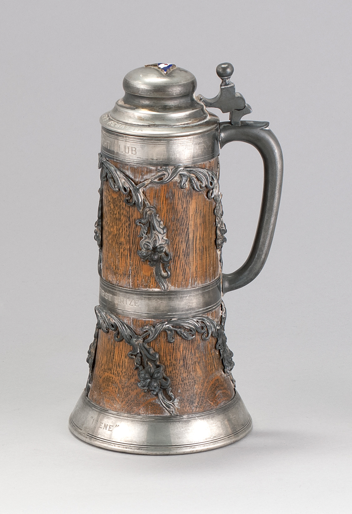 Appraisal: YACHT TROPHY In the form of a pewter-mounted flagon From