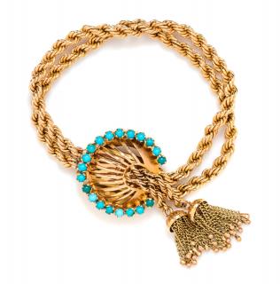 Appraisal: A Yellow Gold and Turquoise Two Strand Woven Bracelet dwts