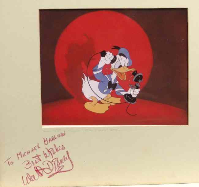 Appraisal: Original Walt Disney studios still ''Donald Duck'' mat signed ''To