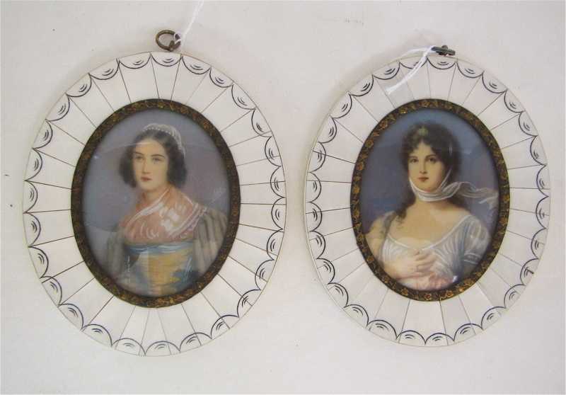 Appraisal: TWO MINIATURE OVAL OILS depicting young women of means Each