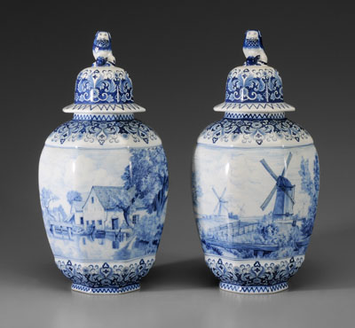 Appraisal: Pair Delft Lidded Jars Holland early th century paneled ovoid