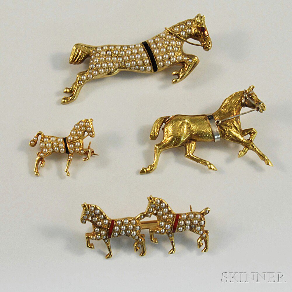 Appraisal: Four Gold and Seed Pearl Horse Brooches a kt gold