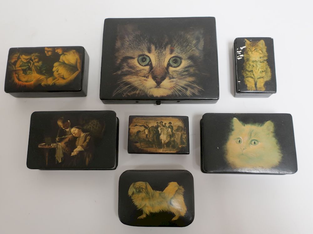 Appraisal: Papier Mache Small Boxes Decorated with cats dogs and old