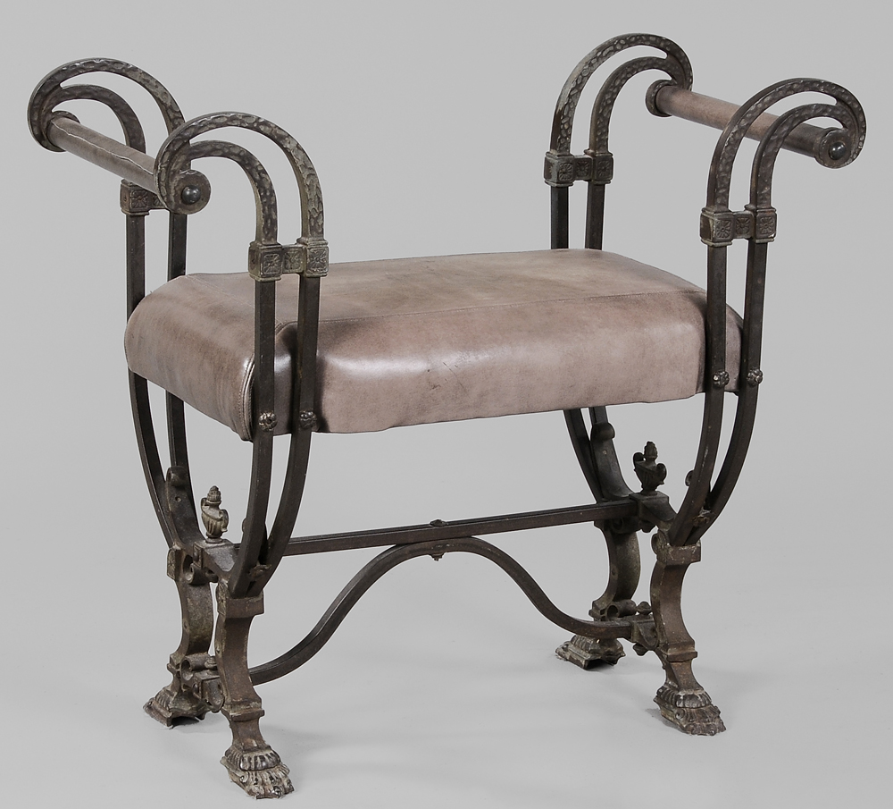 Appraisal: Wrought Iron and Leather-Upholstered Window Bench modern design by Robert