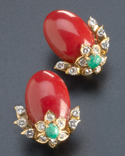 Appraisal: Red coral and diamond earrings with emeralds in k yg