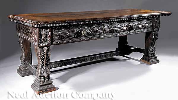 Appraisal: A Massive Antique Italian Baroque-Style Carved Walnut Refectory Table probably