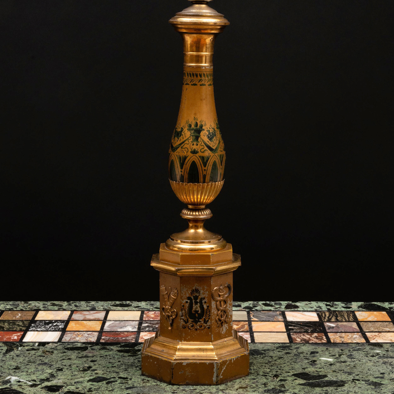 Appraisal: Regency Style Gilt-Metal-Mounted Painted and Parcel-Gilt Lamp x x in