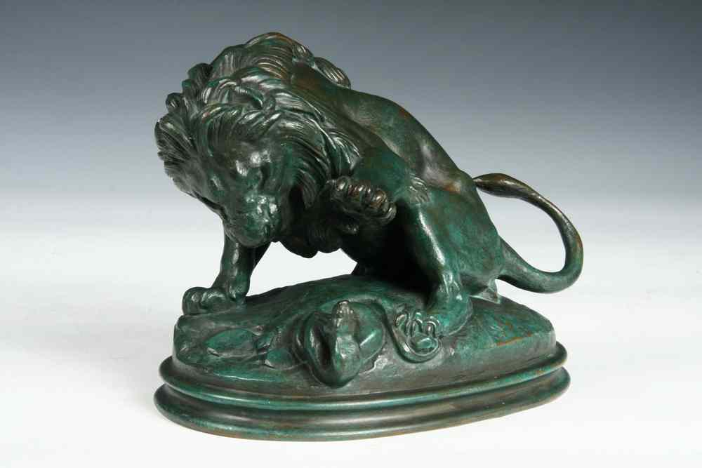 Appraisal: BRONZE SCULPTURE - 'Lion au Serpent' by Alfred Barye French