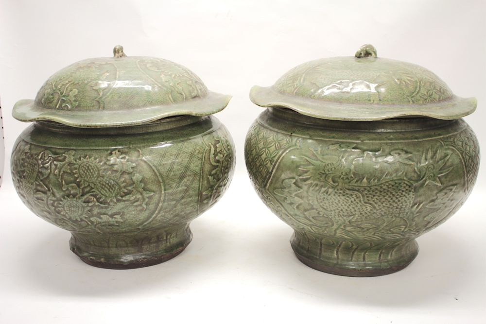 Appraisal: Pair of Large Longquan-Type Lidded Jars Large celadon basins with