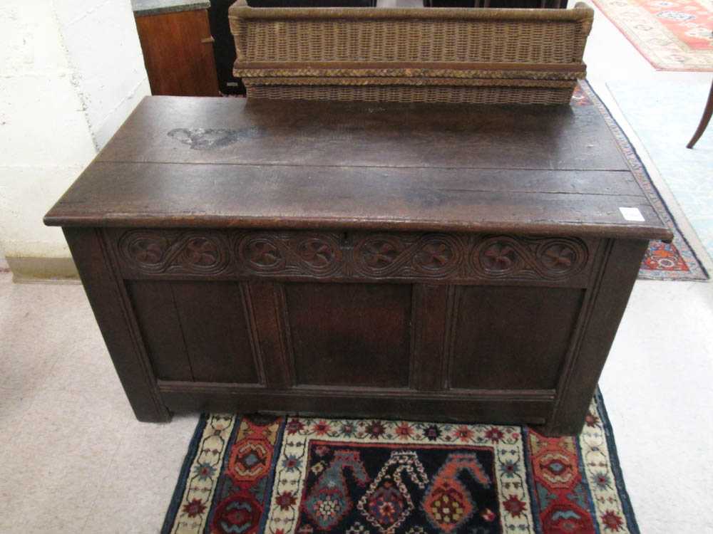 Appraisal: CAROLEAN STYLE CARVED OAK LIFT-TOP COFFER English th century elements