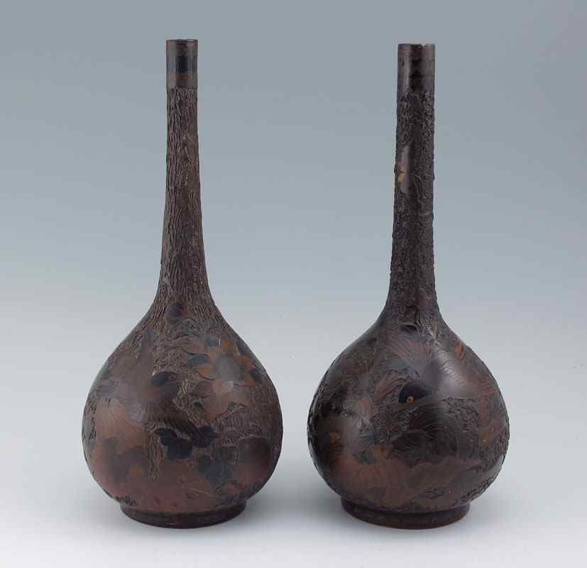 Appraisal: PAIR OF JAPANESE TOTAI BOTTLE NECK VASES ''Tree Bark'' cloisonne