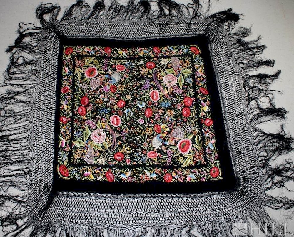 Appraisal: th Cen Spanish Peacock Silk Mantilla Scarf Veil Mantilla Scarf