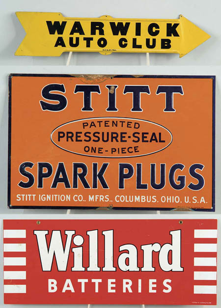 Appraisal: LOT OF THREE TIN SIGNS Includes Willard Batteries two-sided sign