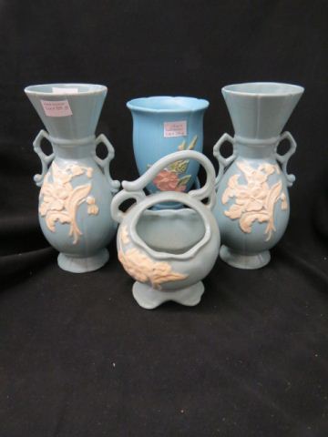 Appraisal: Weller Art Pottery Vases floral on blue to excellent