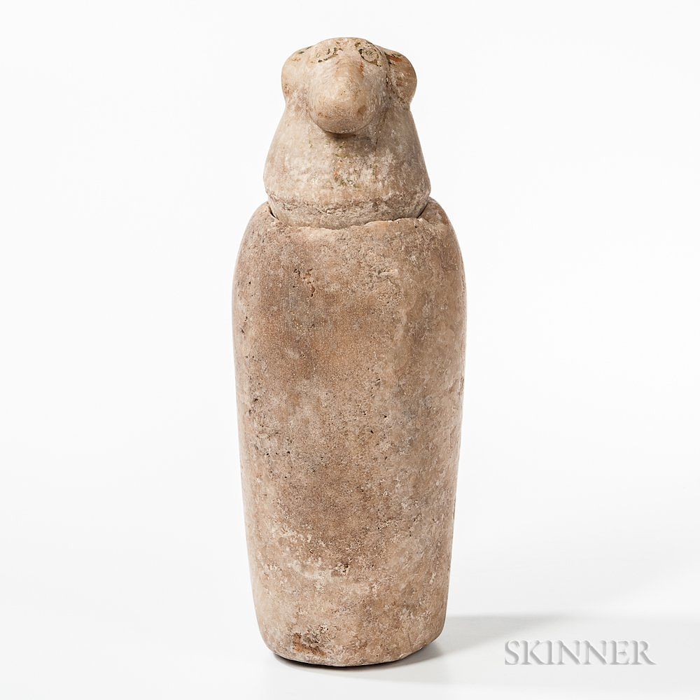 Appraisal: Alabaster Canopic Jar Alabaster Canopic Jar Egypt possibly BC cylindrical