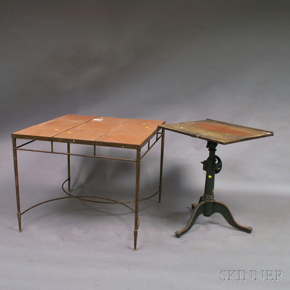 Appraisal: Two Iron Tables including a tripod-base oak-top drafting table ht