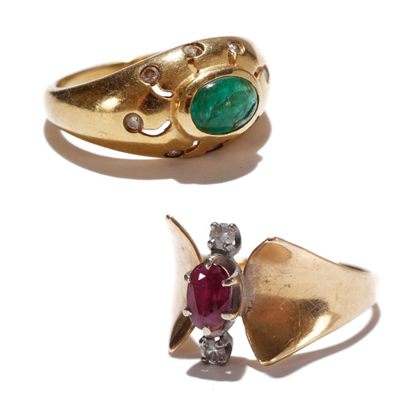 Appraisal: Two yellow gold diamond and gem stone estate rings with