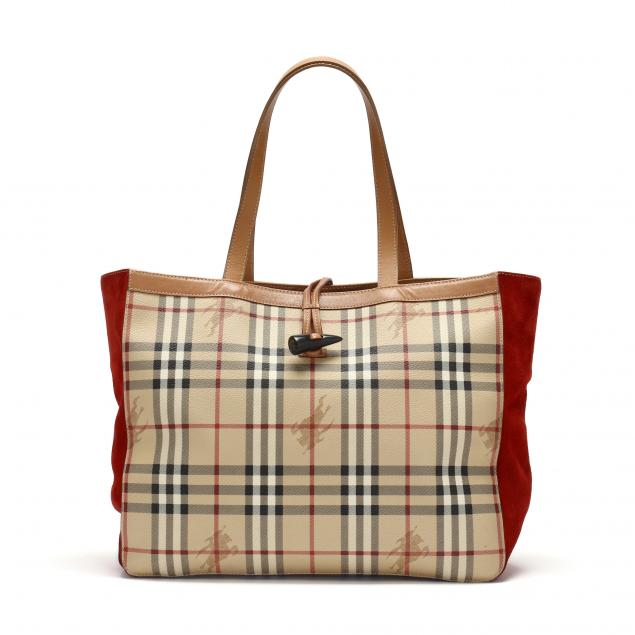 Appraisal: Haymarket Plaid Tote Burberry Made in England of coated canvas