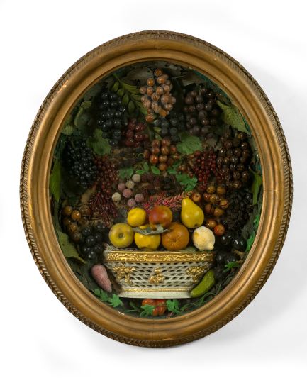 Appraisal: Good Large Oval Giltwood Shadowboxed Still-Life of Wax Fruit third