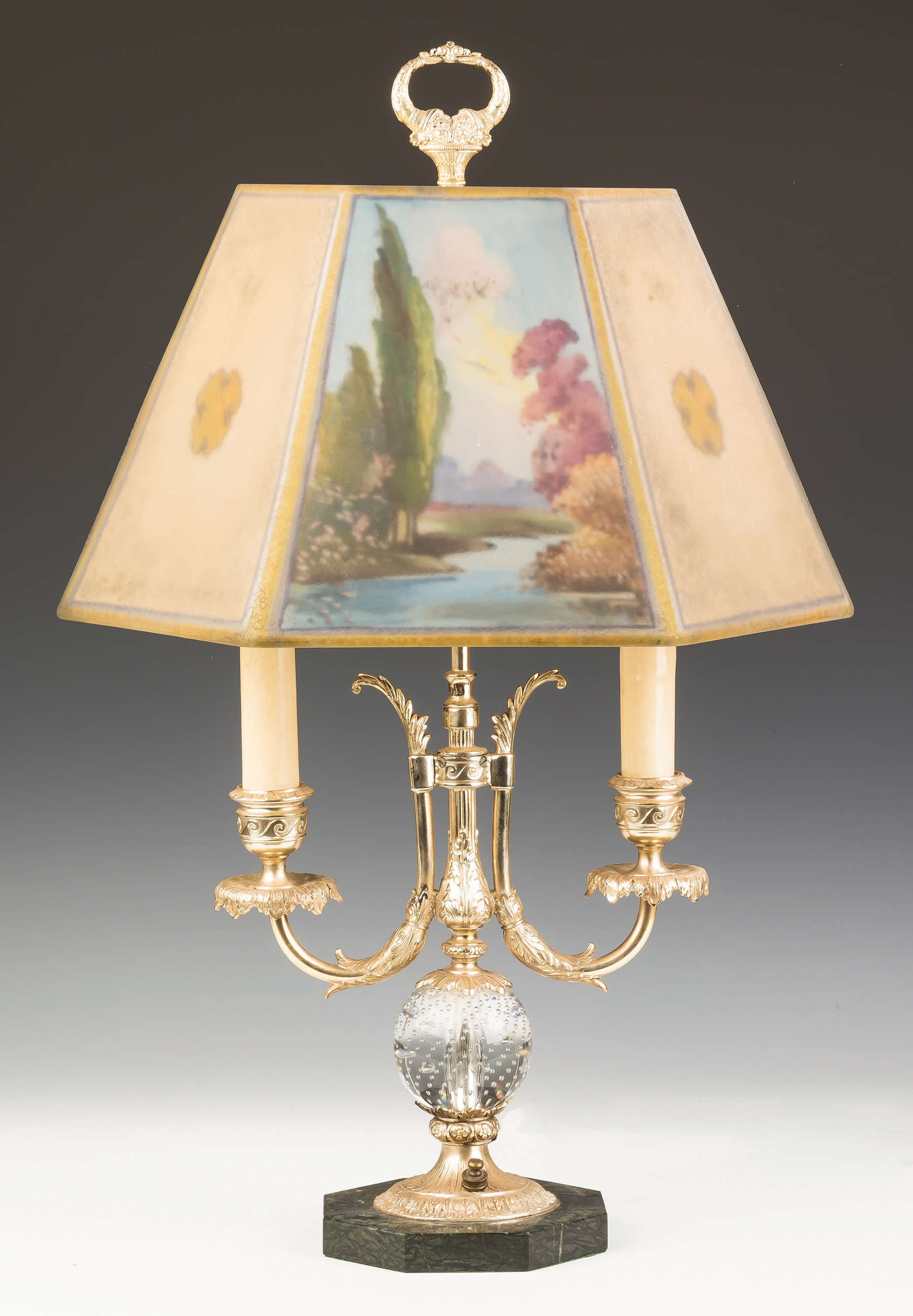 Appraisal: Pairpoint Reverse Painted Table Lamp Stream and garden scenes On