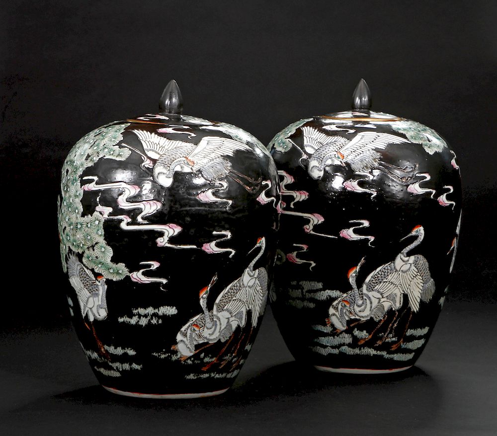 Appraisal: Pair of Famille Noir Ginger Jars and Covers Together with