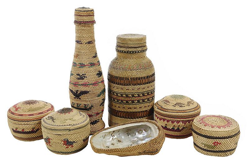 Appraisal: Seven Northwest Coast Baskets th century all polychrome decorated twine