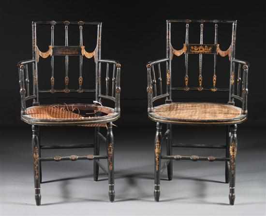 Appraisal: Pair of Regency chinoiserie decorated ebonized wood cane seat armchairs