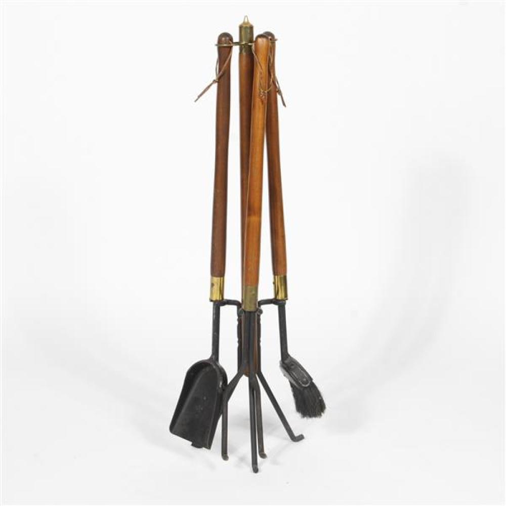 Appraisal: SEYMOUR WALNUT AND IRON FIREPLACE TOOLS SET WITH BRASS ACCENTS