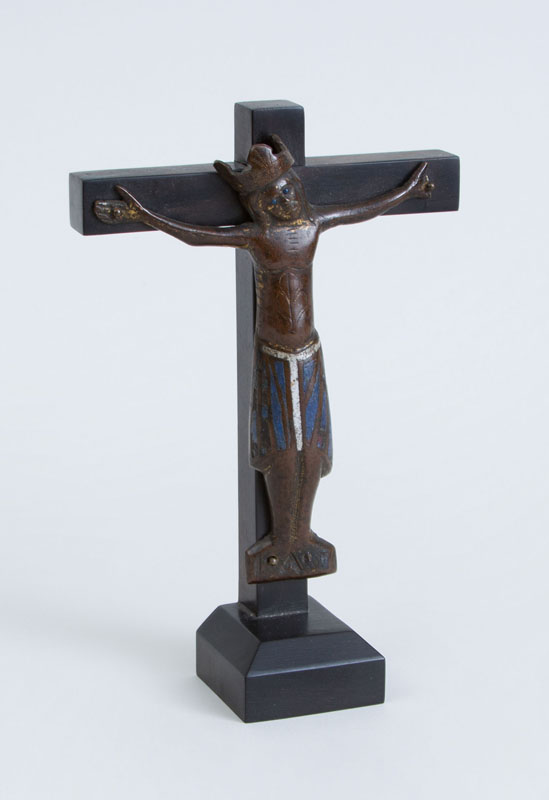 Appraisal: FRENCH LIMOGES ENAMEL ON BRASS CRUCIFIX The head falling to